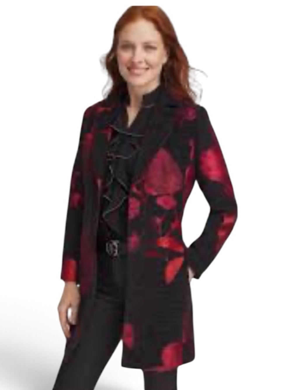 Chico’s Red Floral Jacquard tapestry Tapestry Coat  Jacket Size Small